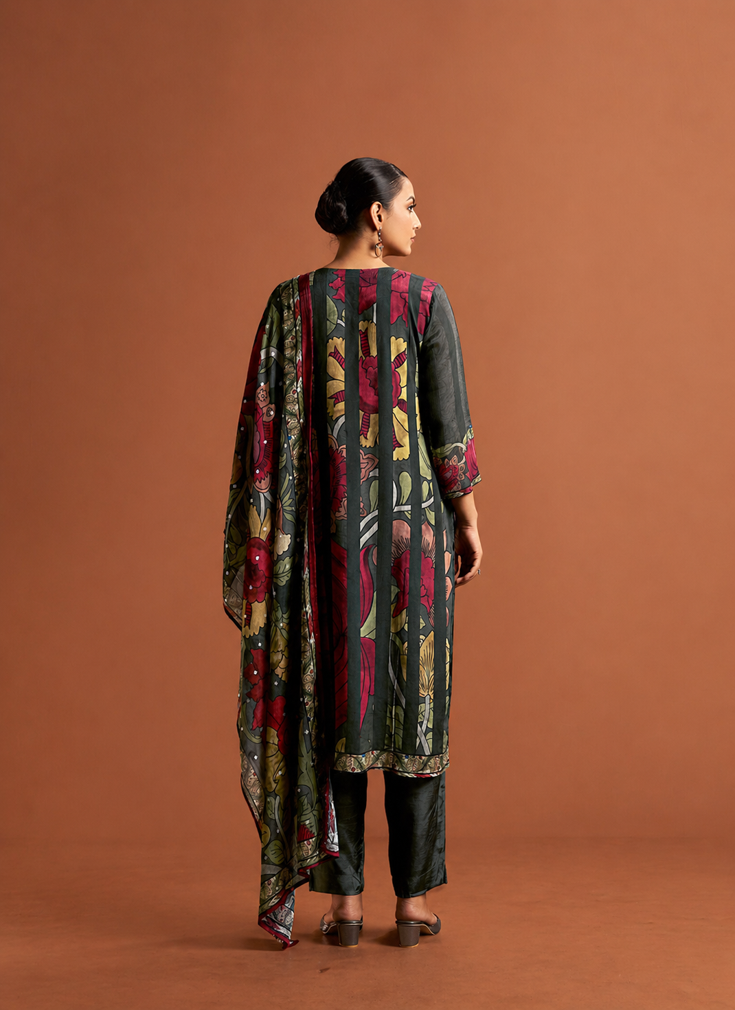 Earthy Ochre Mulberry Silk block print Ajrakh drape